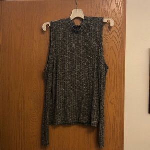 gray speckled open shoulder turtle neck
